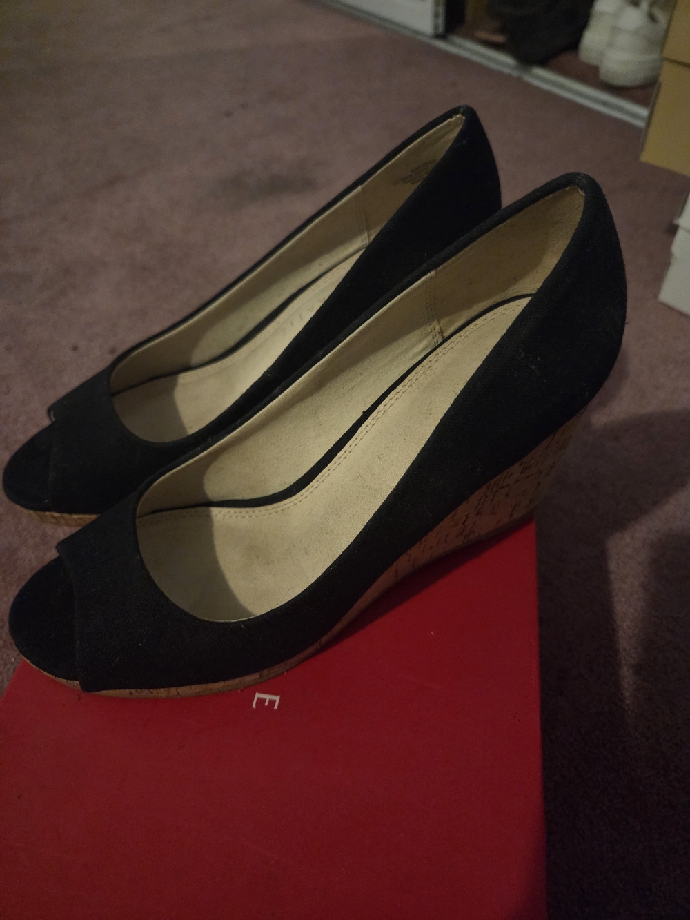 Kelly & Katie Black Peep-Toe Cork Wedge Heels